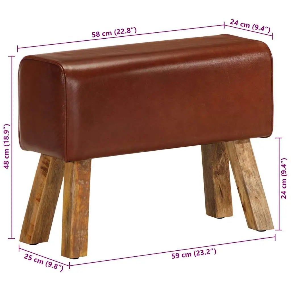 Gym Bok Bench Vintage Style 58 cm Brown Leather Seat Solid Mango Wood Legs Padded