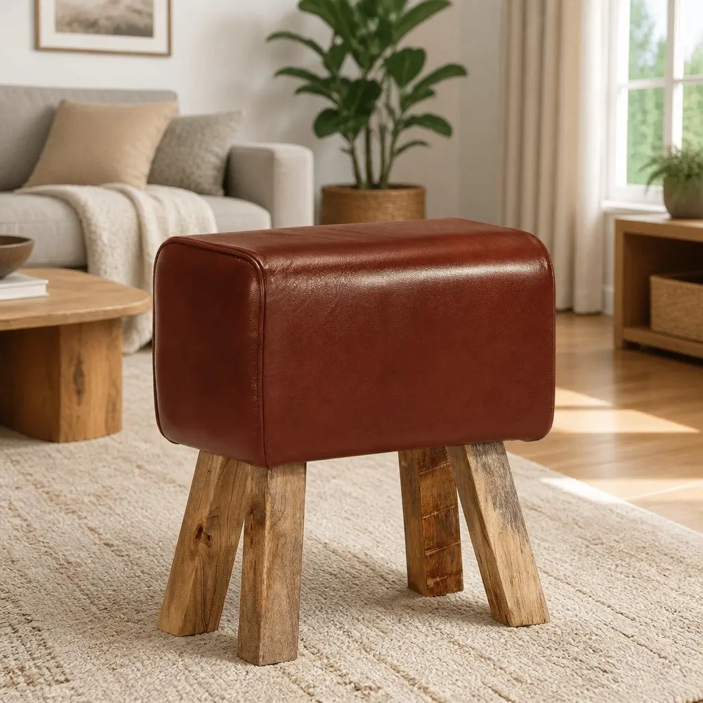 Gym Bok Bench 38cm Brown Leather Seat Solid Mango Wood Legs Padded Kitchen