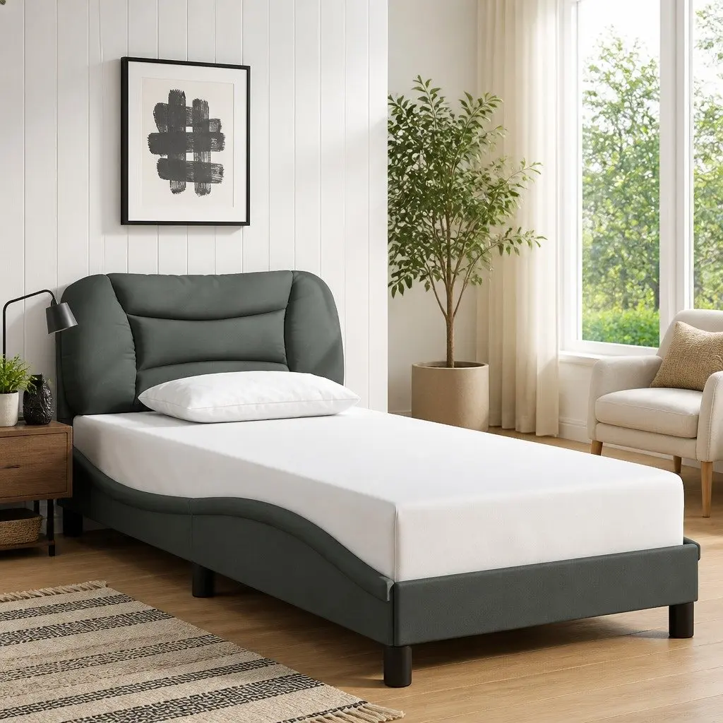 Fabric Bed Frame with Headboard Grey Slatted Base Modern Bedroom Furniture