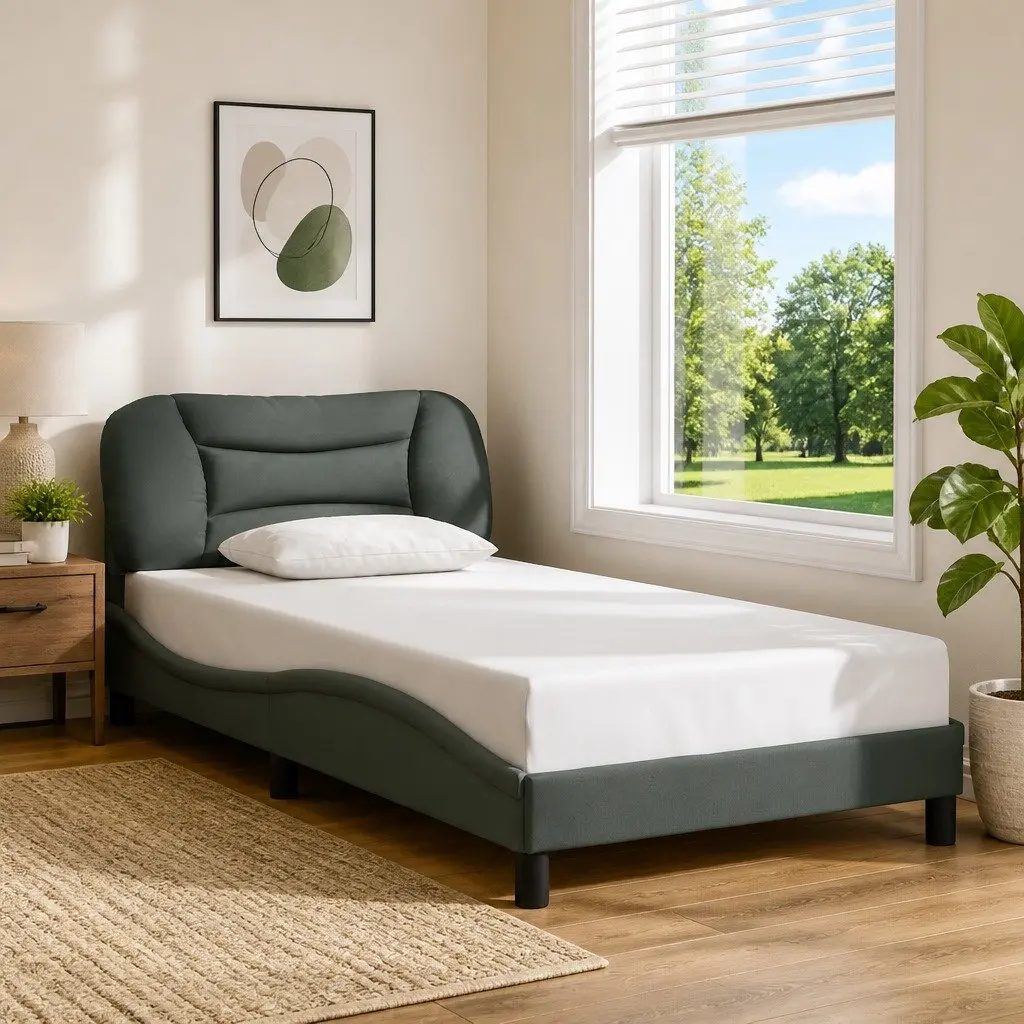 Bed Frame King Single Grey Fabric 107x203cm Plywood Slats Headboard