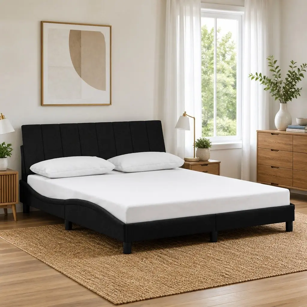 Queen Bed Frame Black Velvet Upholstered Headboard Plywood Slats 152x203 cm