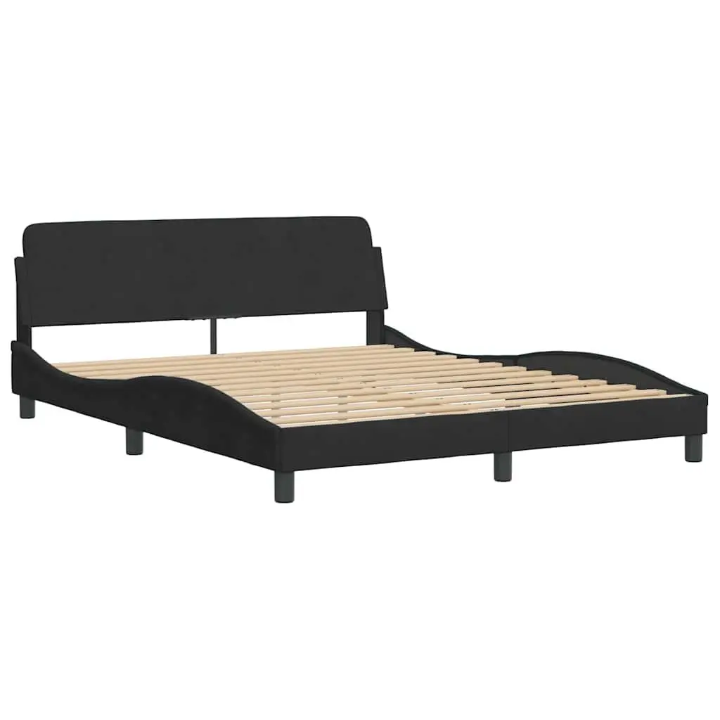 Queen Bed Frame Black Velvet Upholstered Headboard Plywood Slats 152x203 cm