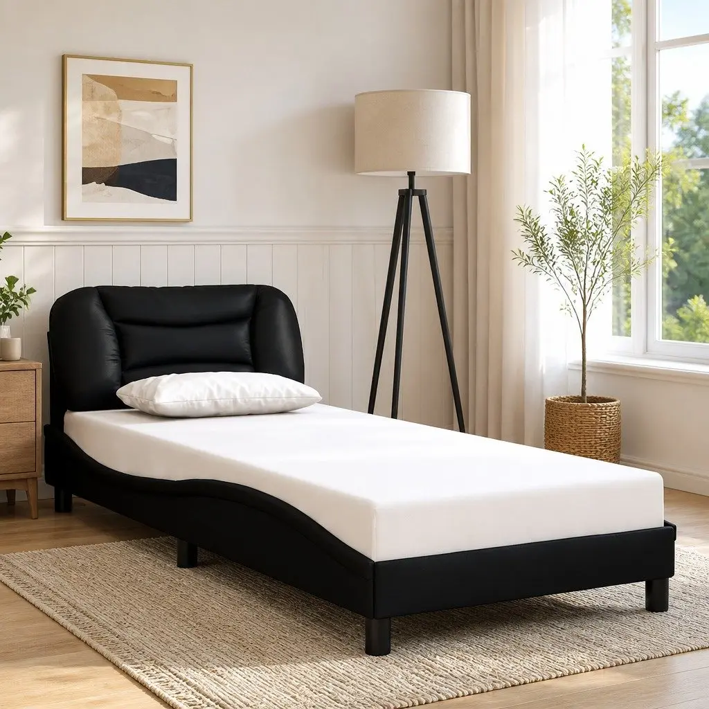 Bed Frame Black Faux Leather 90x190 cm Bedroom Furniture Slatted Base