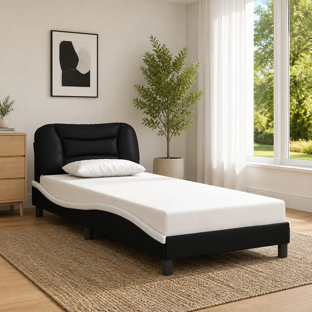 Bed Frame 90x190 cm Faux Leather Headboard White Black Slatted Base