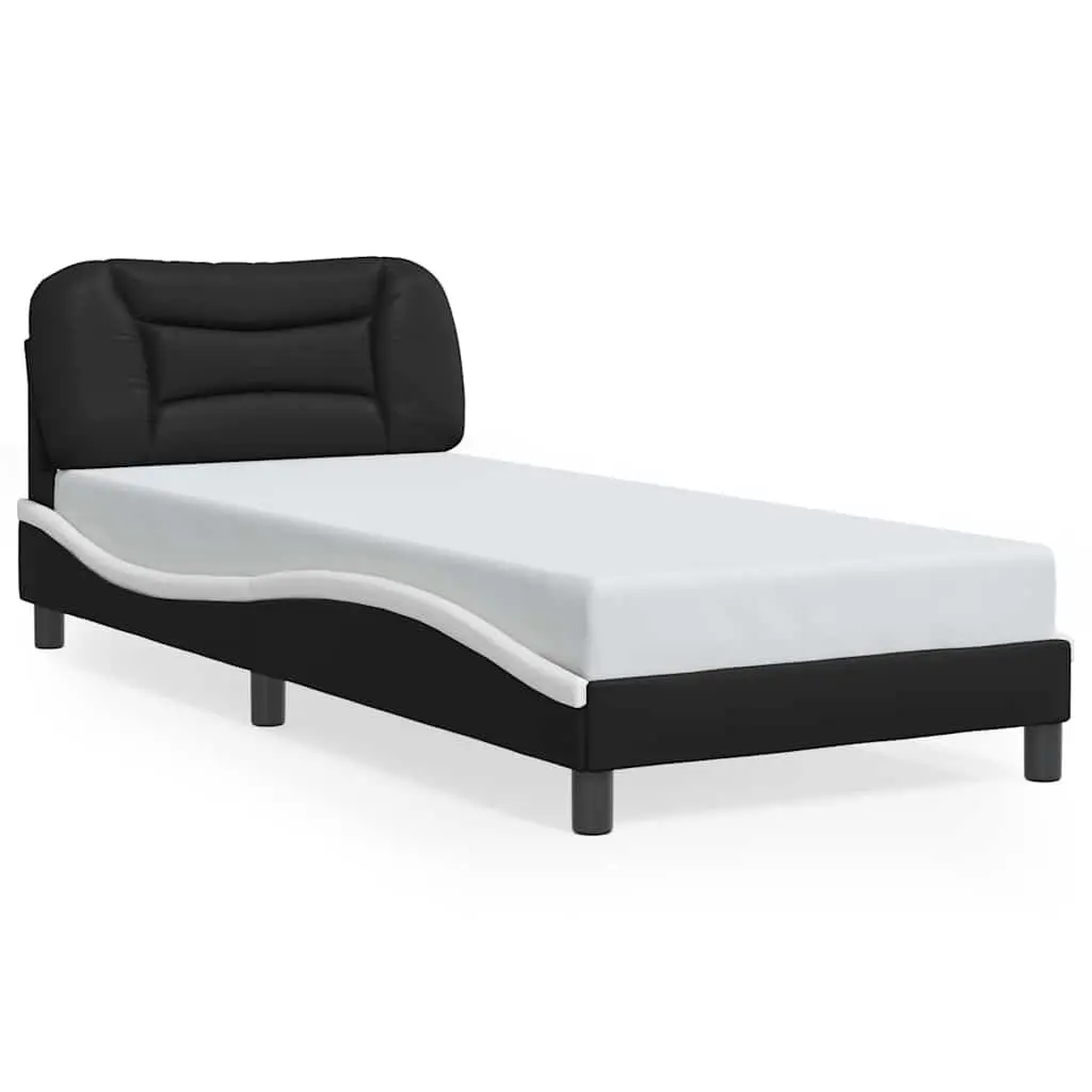 Bed Frame 90x190 cm Faux Leather Headboard White Black Slatted Base