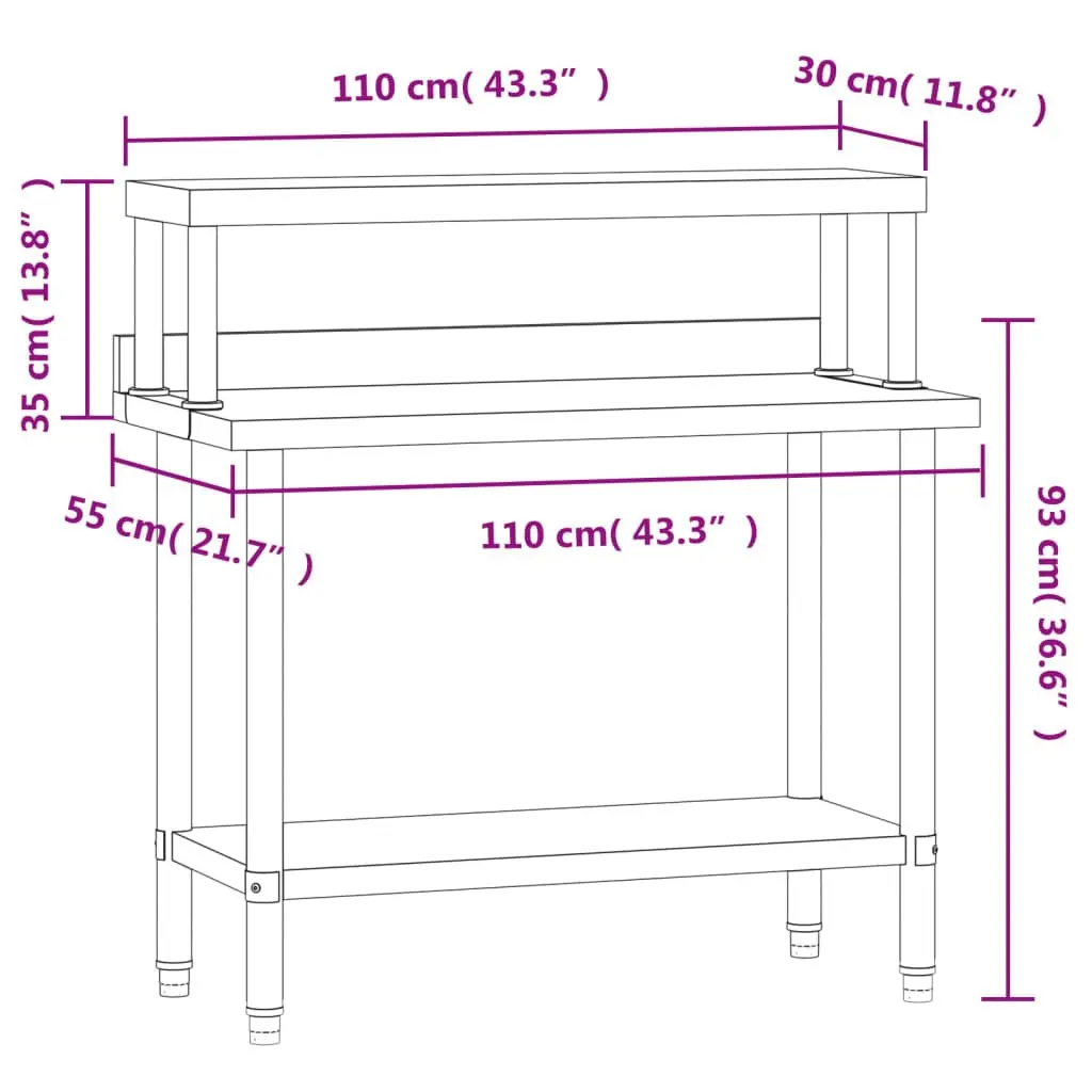 Stainless Steel Kitchen Work Table Food Prep 110 x 55 x 120 cm with Overshelf Bottom Shelf