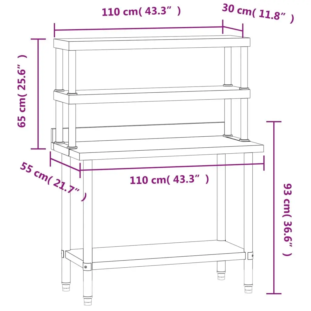 Stainless Steel Kitchen Work Table Prep Station 110x55x150cm with Overshelf