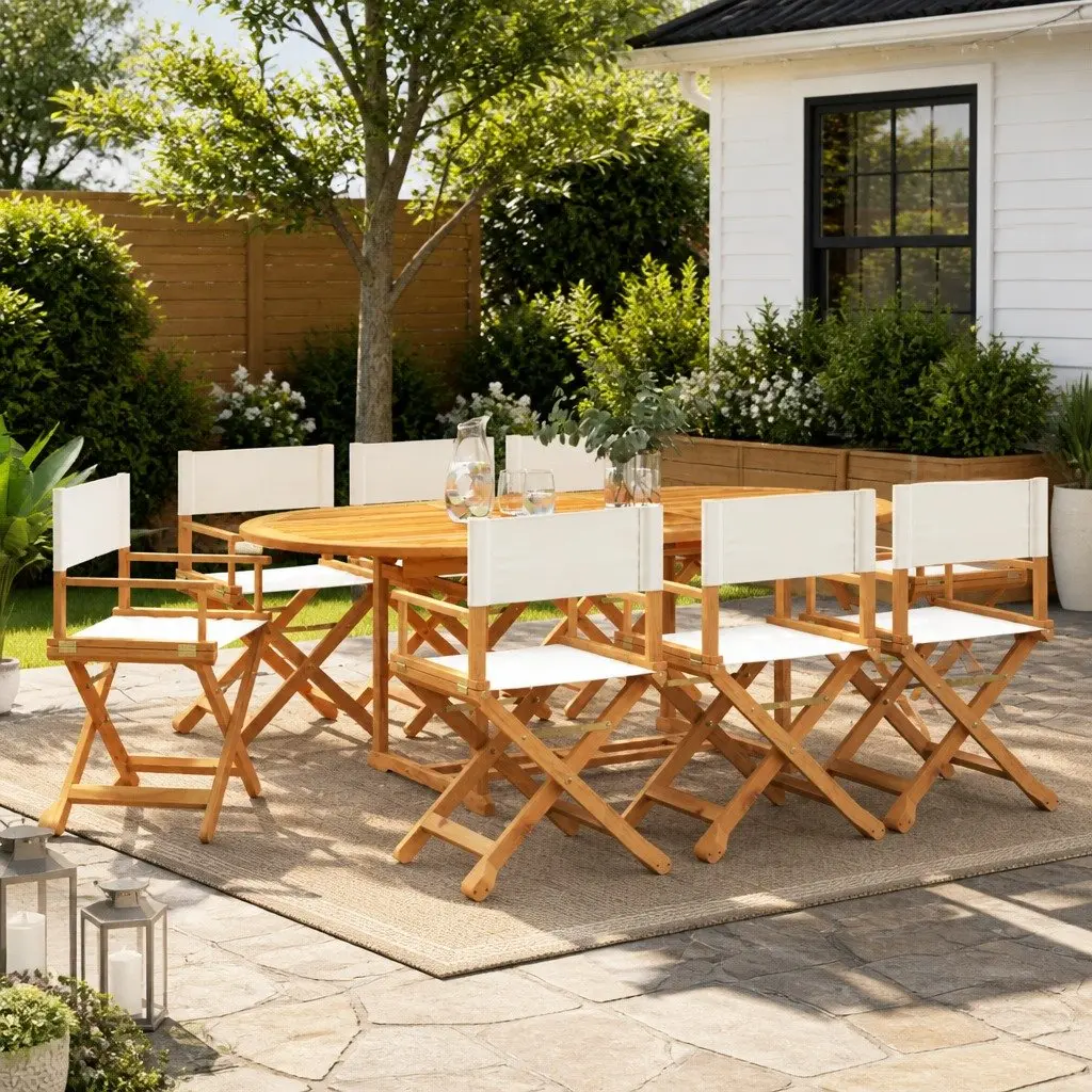 Folding Garden Chairs Set of 8 Outdoor Use Lightweight Cream Fabric Director Style
