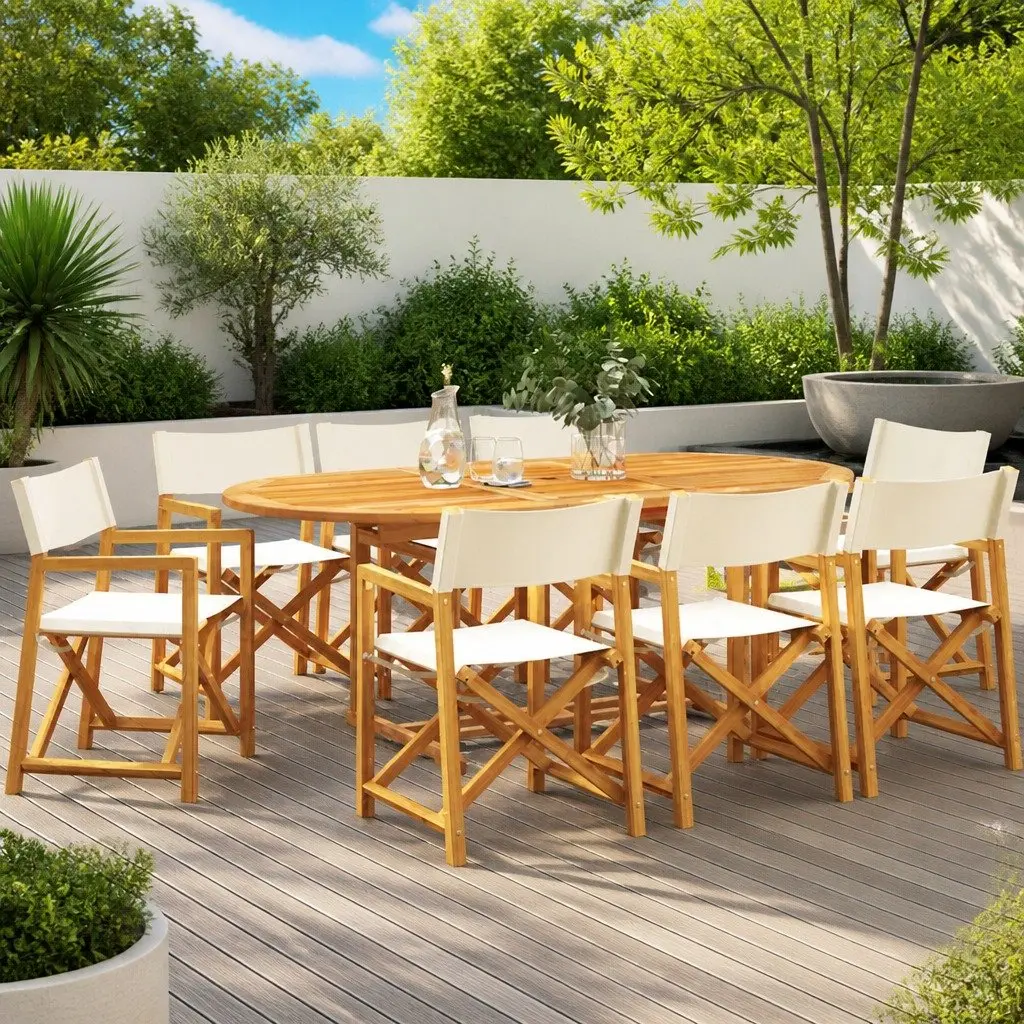 Folding Garden Chairs Set of 8 Outdoor Seating Cream Fabric Acacia Wood Frame