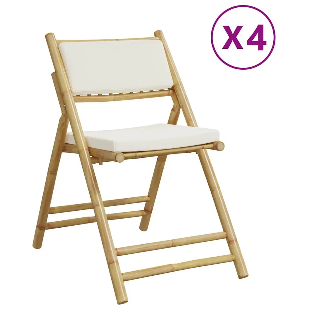 Folding Bistro Chairs Outdoor Seating Set 4 Piece Brown Frame Cream White Cushions