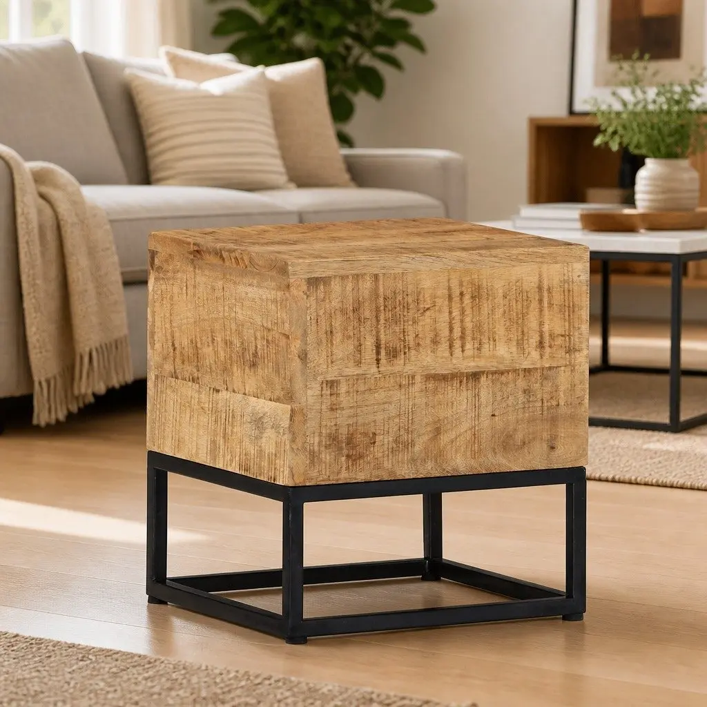 End Table 30x30x33 cm Rough Mango Wood Side Table Brown Accent Living Room