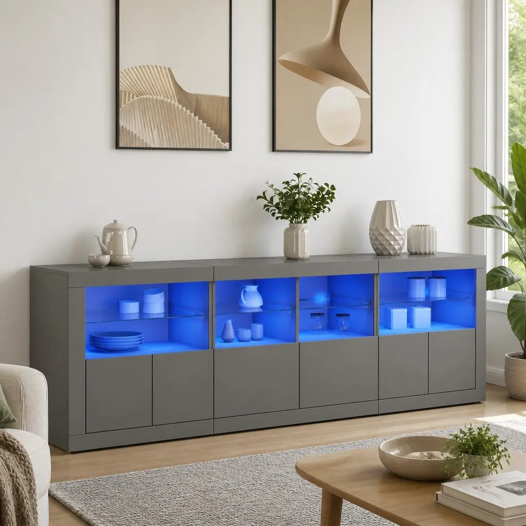 Sideboard Cabinet RGB LED Lights Storage 202 x 37 x 67 cm White