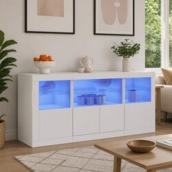 Reliable White Sideboard with RGB LED Lights 142.5x37x67cm