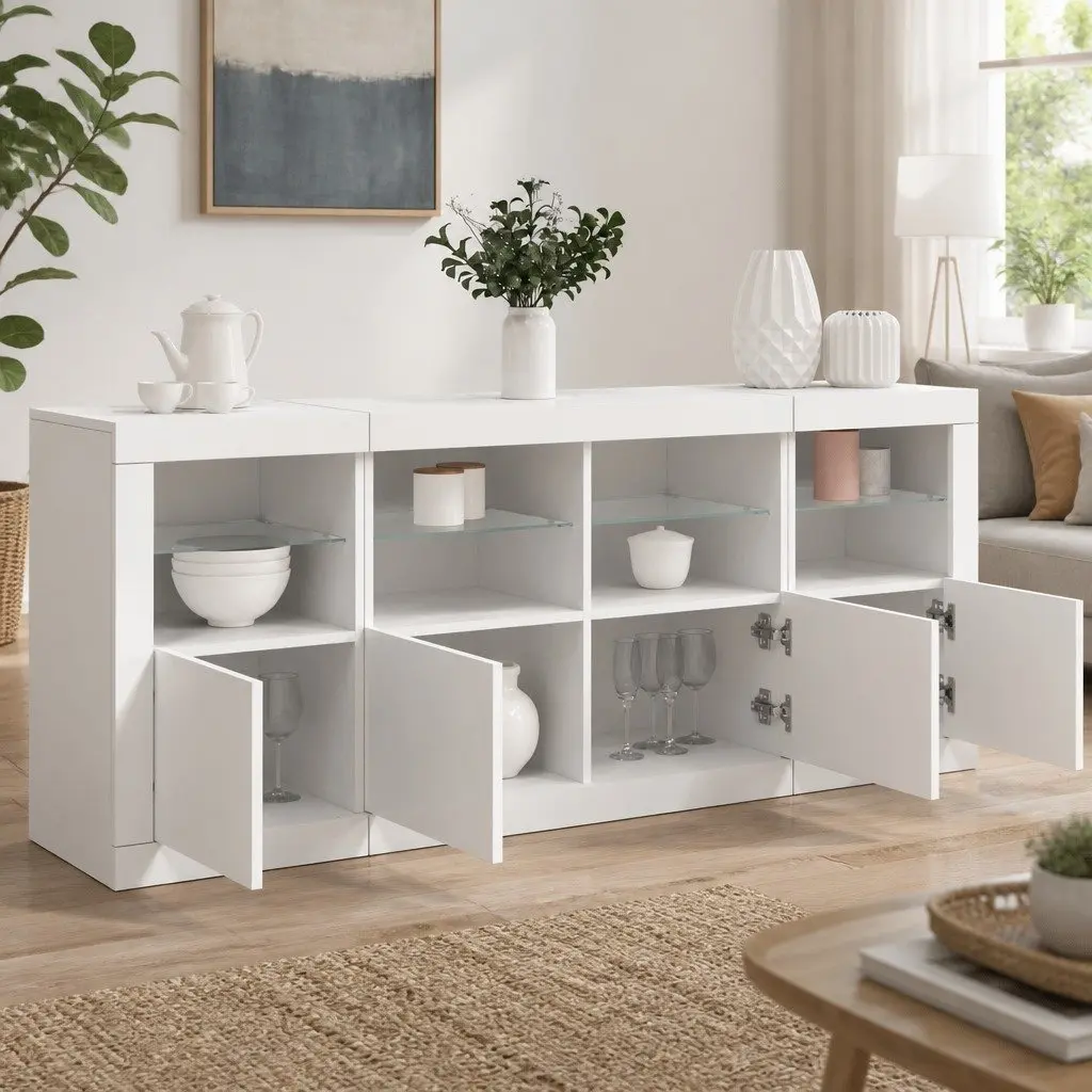 Sideboard RGB LED Lights Modern Storage Cabinet 163x37x67cm White