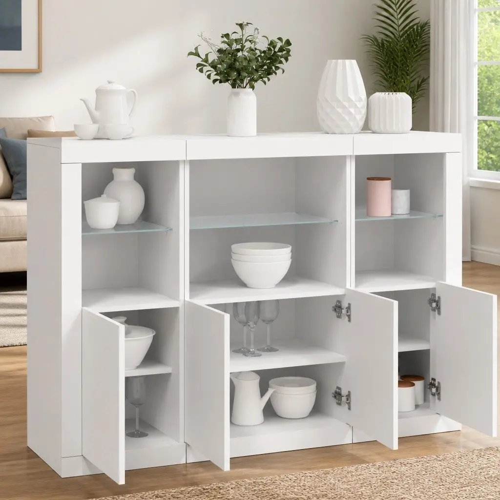 White Storage Cabinet Sideboards 3 Pieces with Adjustable RGB LED Lights for Home Use