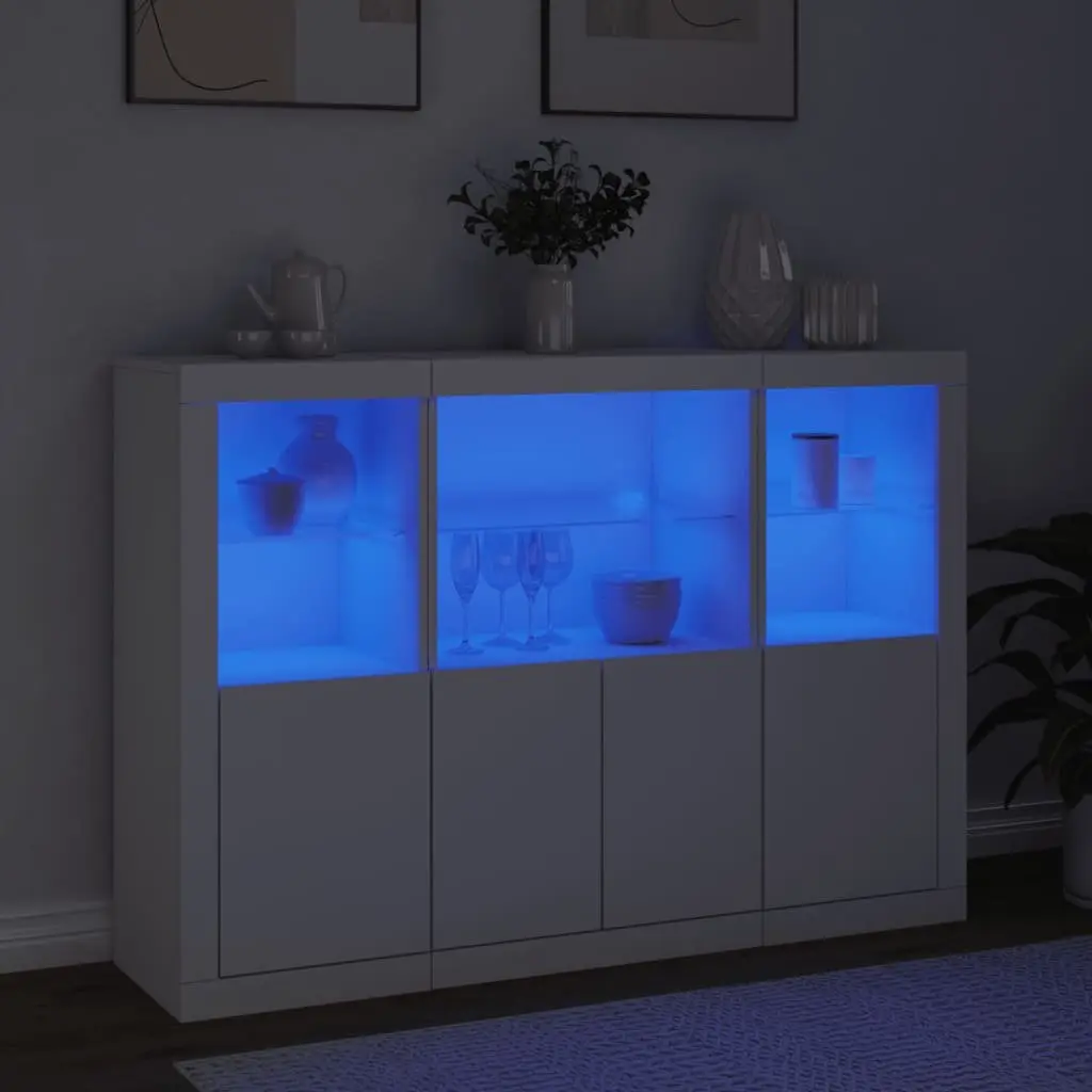 White Storage Cabinet Sideboards 3 Pieces with Adjustable RGB LED Lights for Home Use