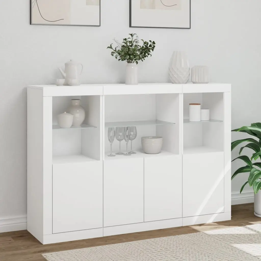 White Storage Cabinet Sideboards 3 Pieces with Adjustable RGB LED Lights for Home Use
