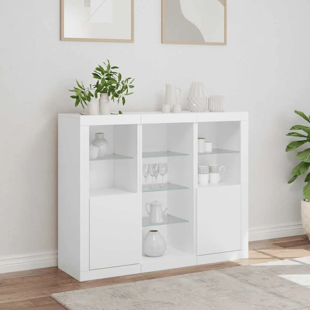Sideboard Cabinets Storage Furniture RGB LED Lights 3 Piece Set White