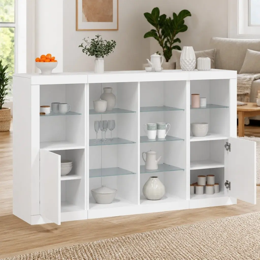Sideboards Storage Cabinets 3 Piece Set White RGB LED Lights Engineered Wood