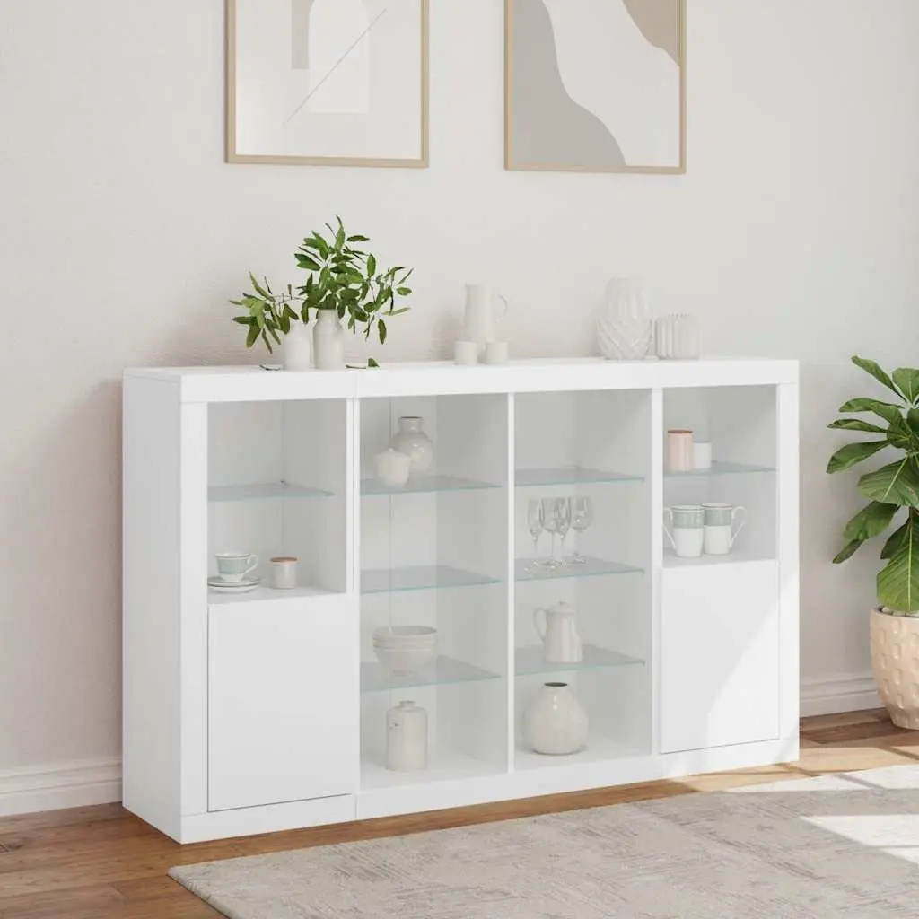 Sideboards Storage Cabinets 3 Piece Set White RGB LED Lights Engineered Wood