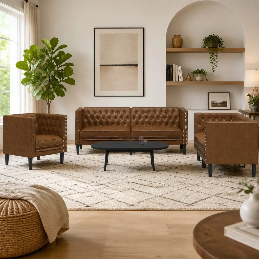 Chesterfield Sofa Set 3 Piece Brown Faux Suede