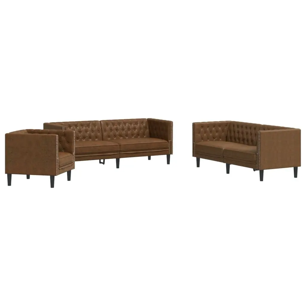Chesterfield Sofa Set 3 Piece Brown Faux Suede