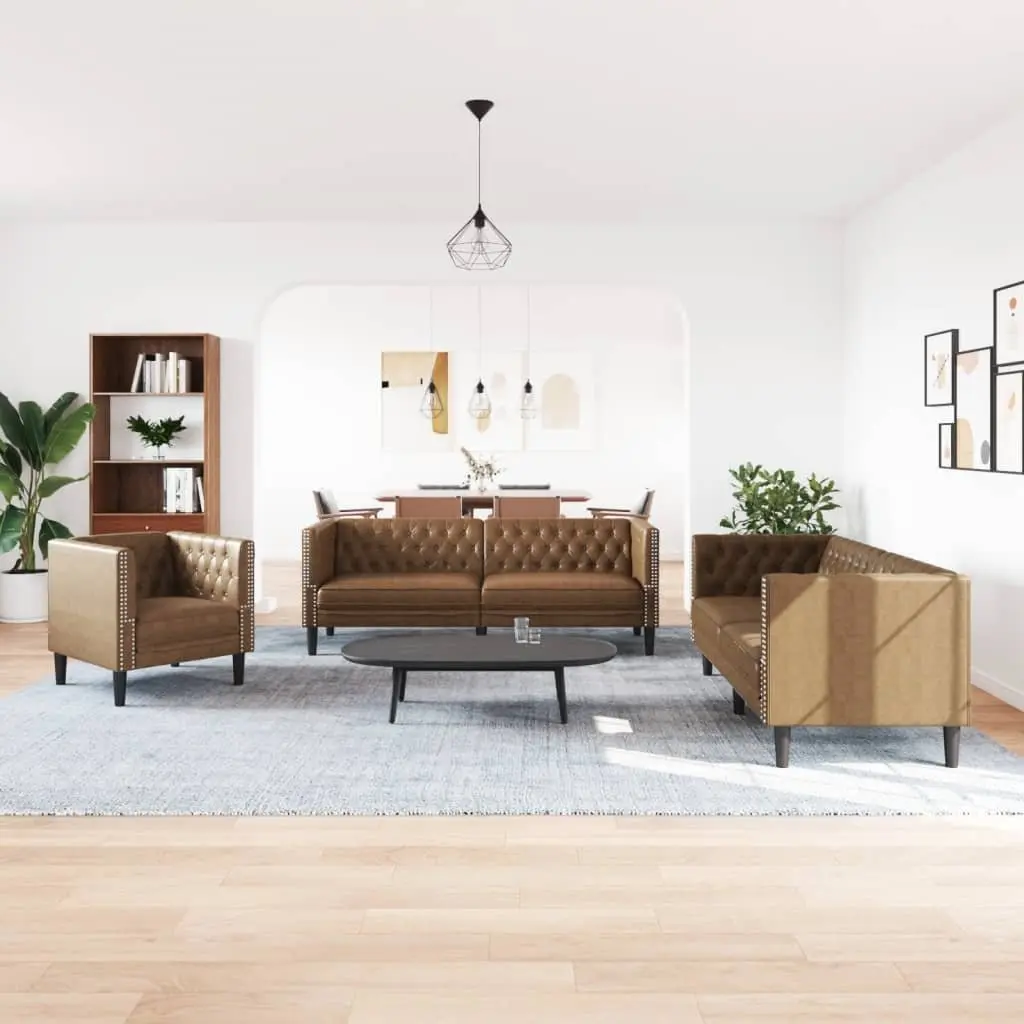 Chesterfield Sofa Set 3 Piece Brown Faux Suede