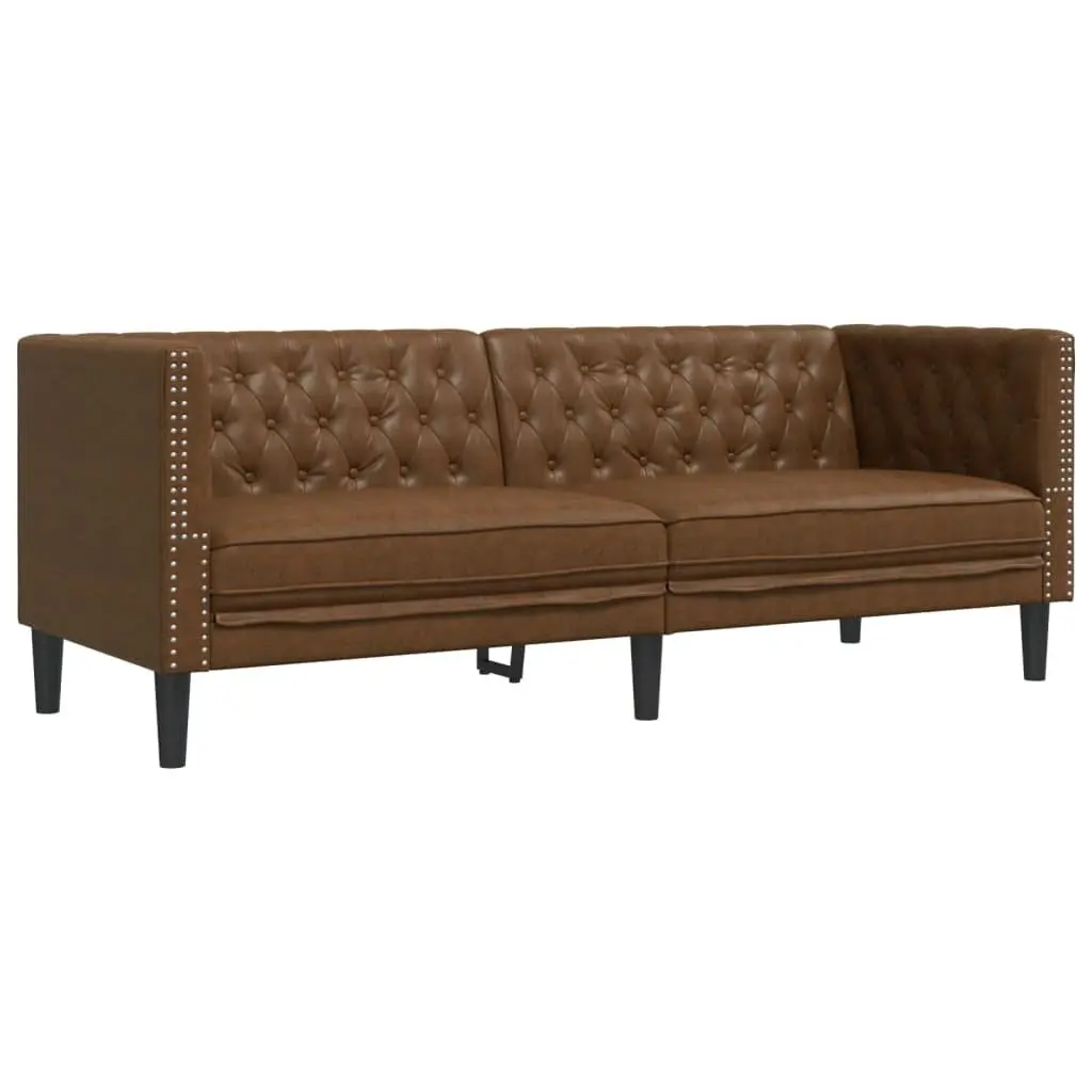 Chesterfield Sofa Set 3 Piece Brown Faux Suede