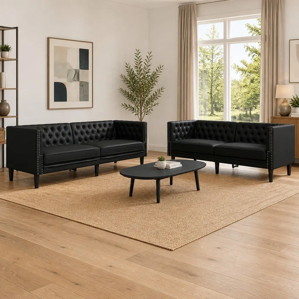 Chesterfield Sofa Set Black Faux Leather Living Room 2 Piece