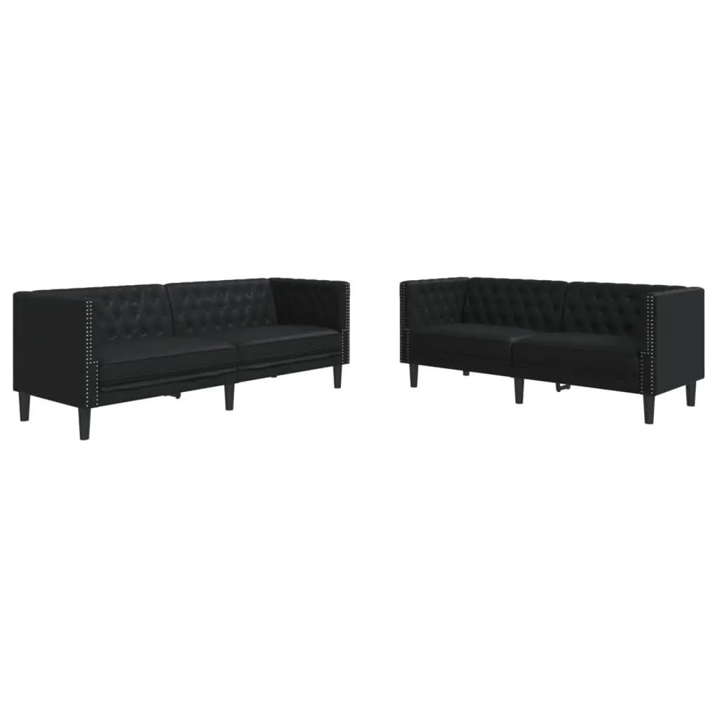 Chesterfield Sofa Set Black Faux Leather Living Room 2 Piece