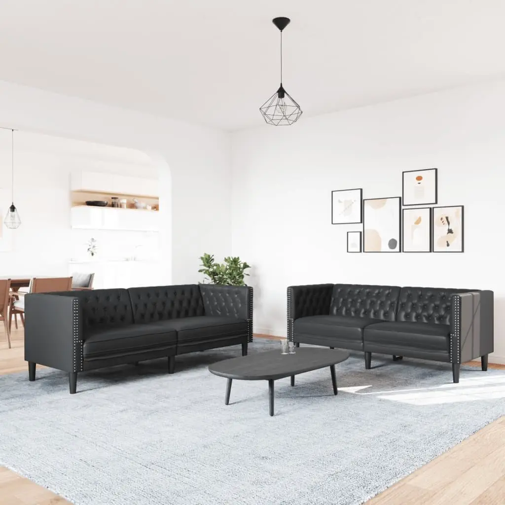 Chesterfield Sofa Set Black Faux Leather Living Room 2 Piece