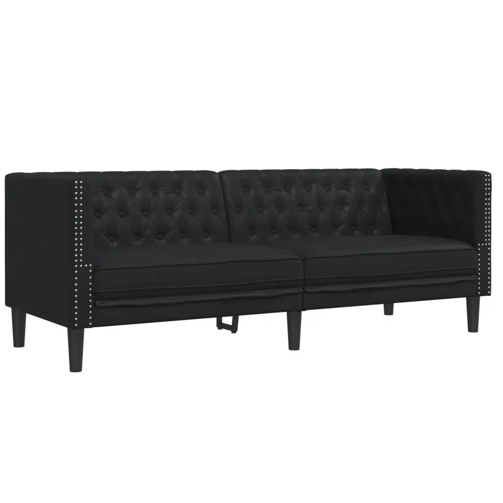 Chesterfield Sofa Set Black Faux Leather Living Room 2 Piece