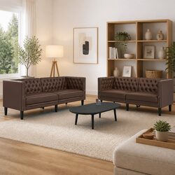 Chesterfield Sofa Set 2 Piece Brown Button Tufted Lounge Suite Living Room