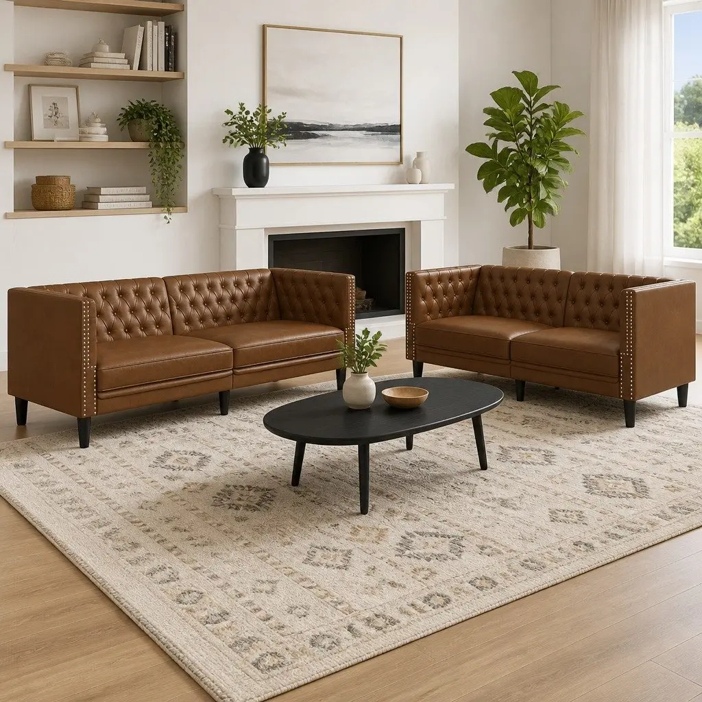 Chesterfield Sofa Set 2 Piece Brown Button Tufted Lounge Suite