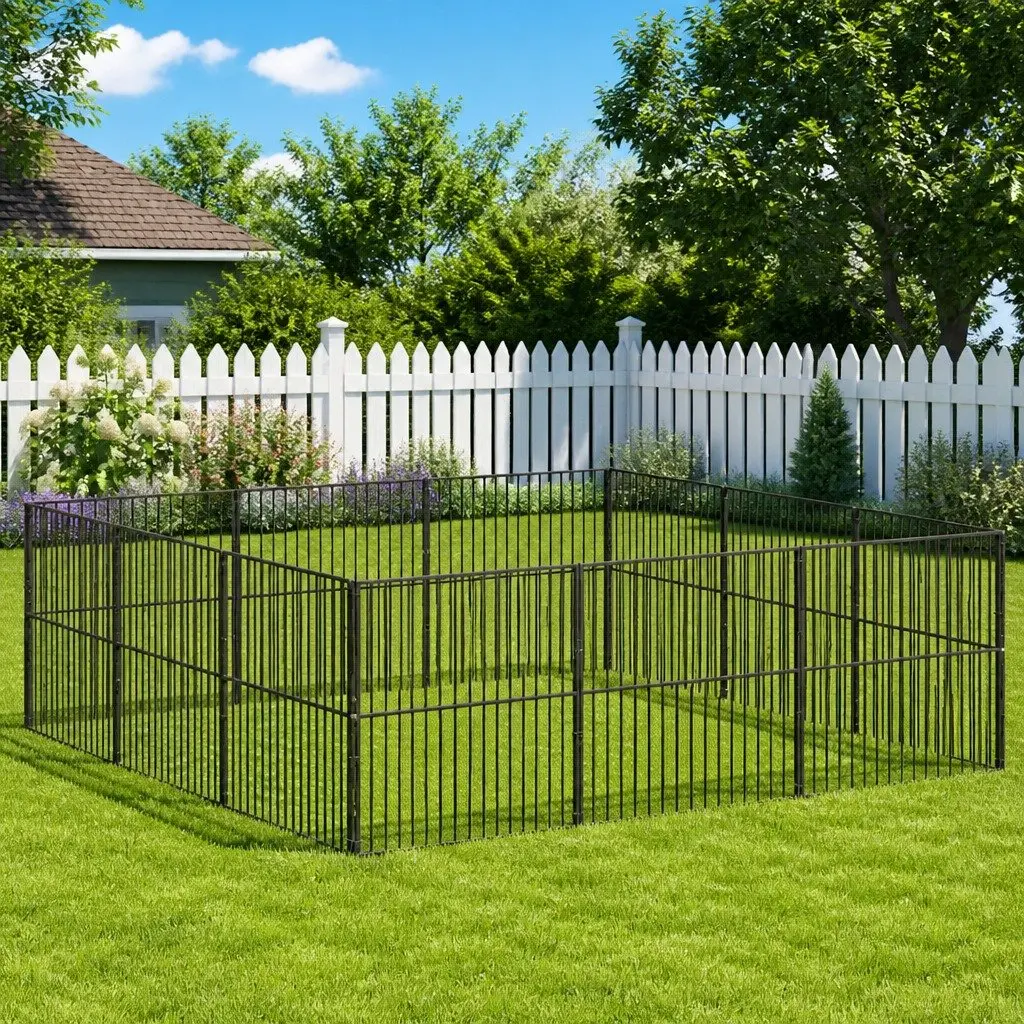 Dog Playpen Exercise Pen 12 Panels Black Galvanised Steel Portable Pet Enclosure