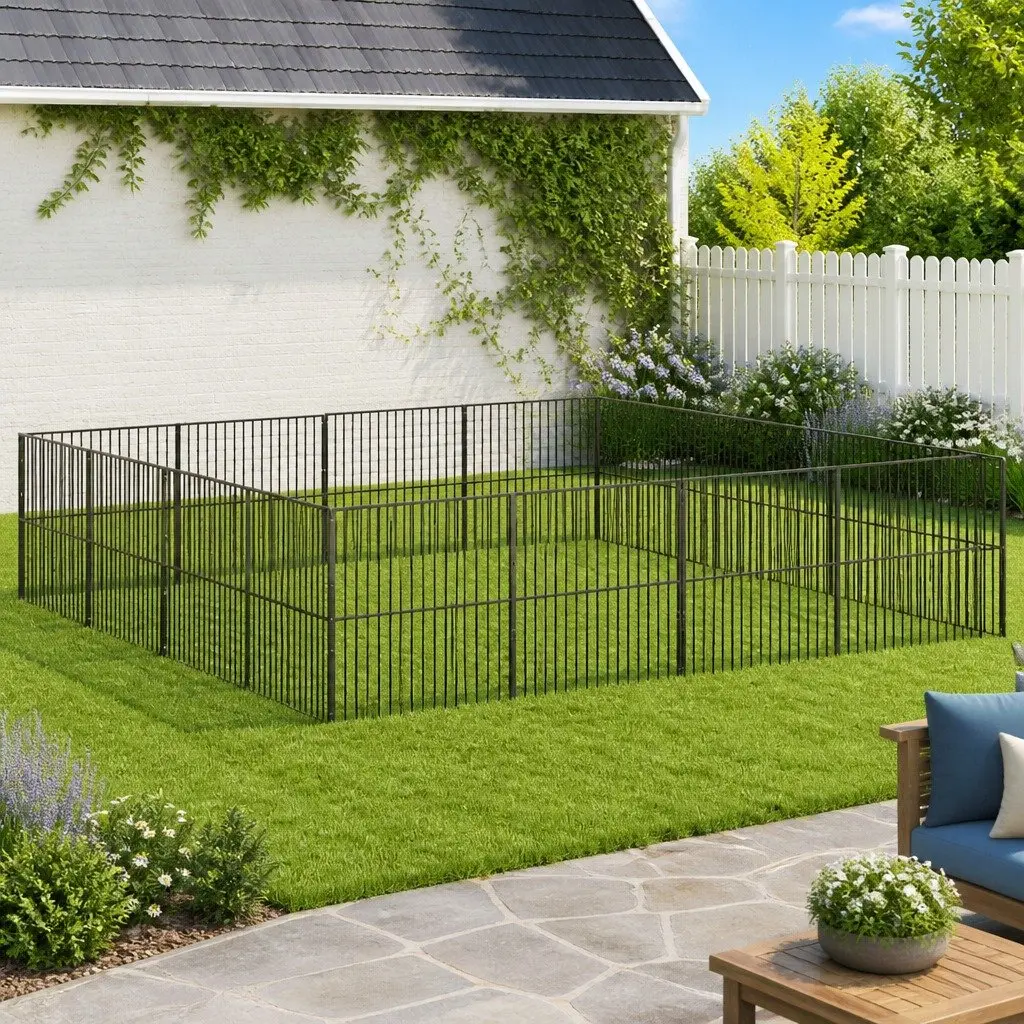 Dog Playpen 16 Panels Exercise Enclosure Black Galvanised Steel