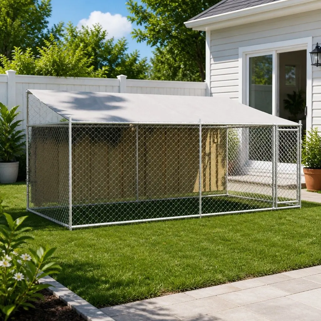 Dog Cage Outdoor Kennel Run Pen Grey Galvanised Steel 4 x 2 x 2 m