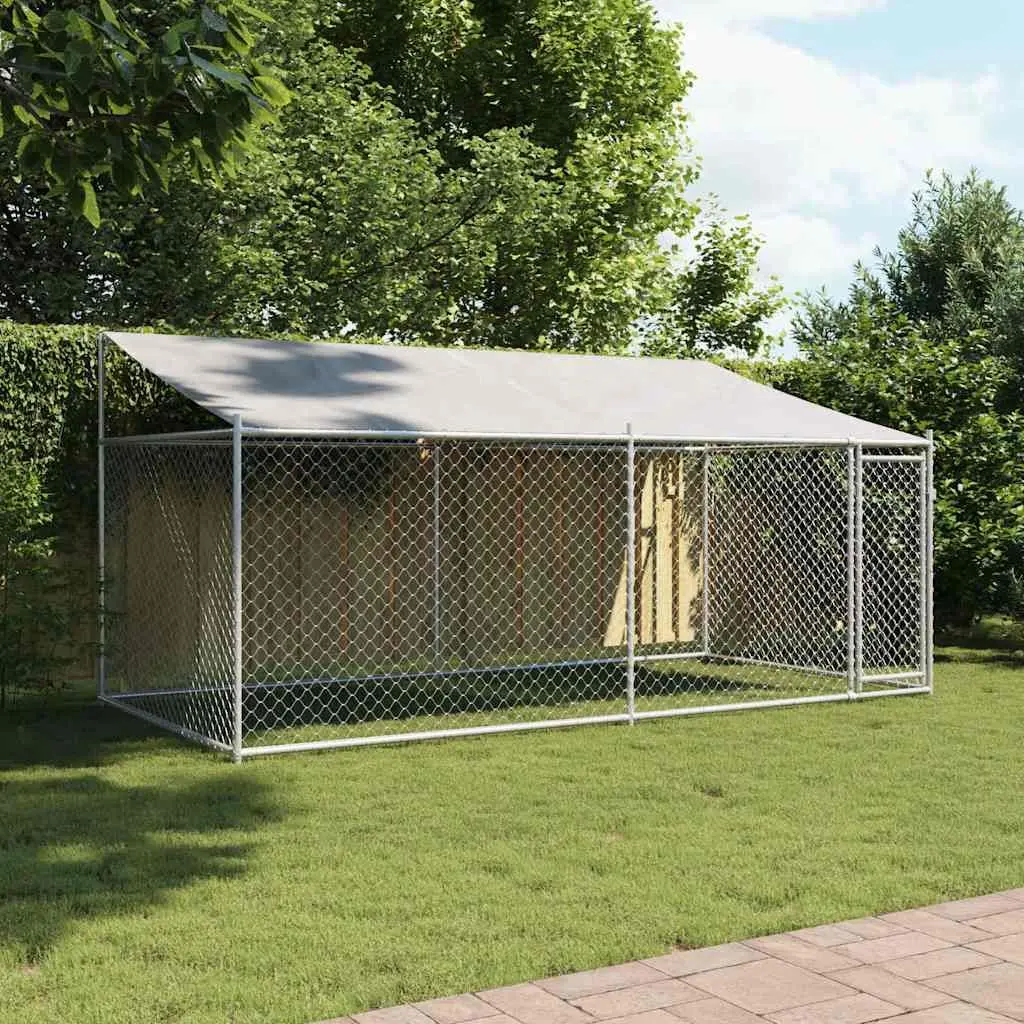 Dog Cage Outdoor Kennel Run Pen Grey Galvanised Steel 4 x 2 x 2 m