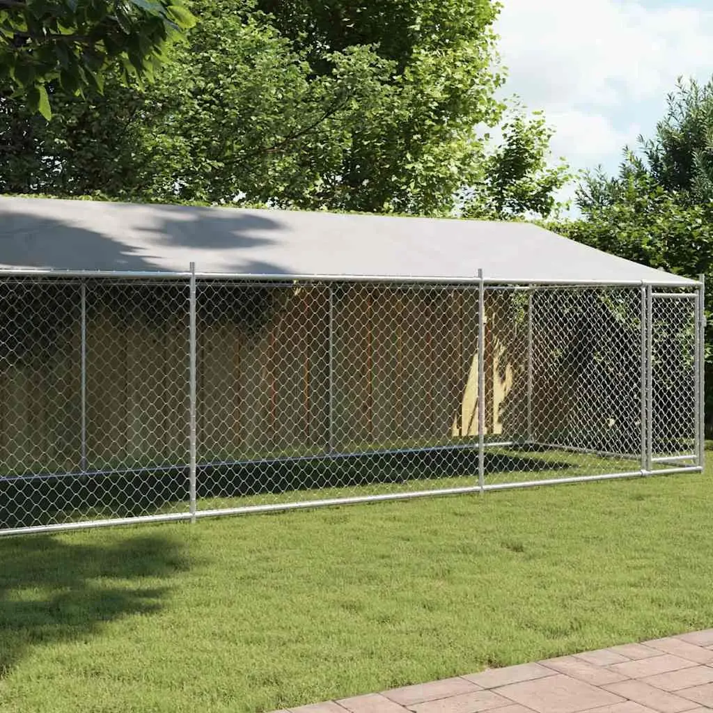 Dog Cage Kennel Outdoor Run Pen Grey Galvanised Steel with Roof and Door 8 x 2 x 2 m