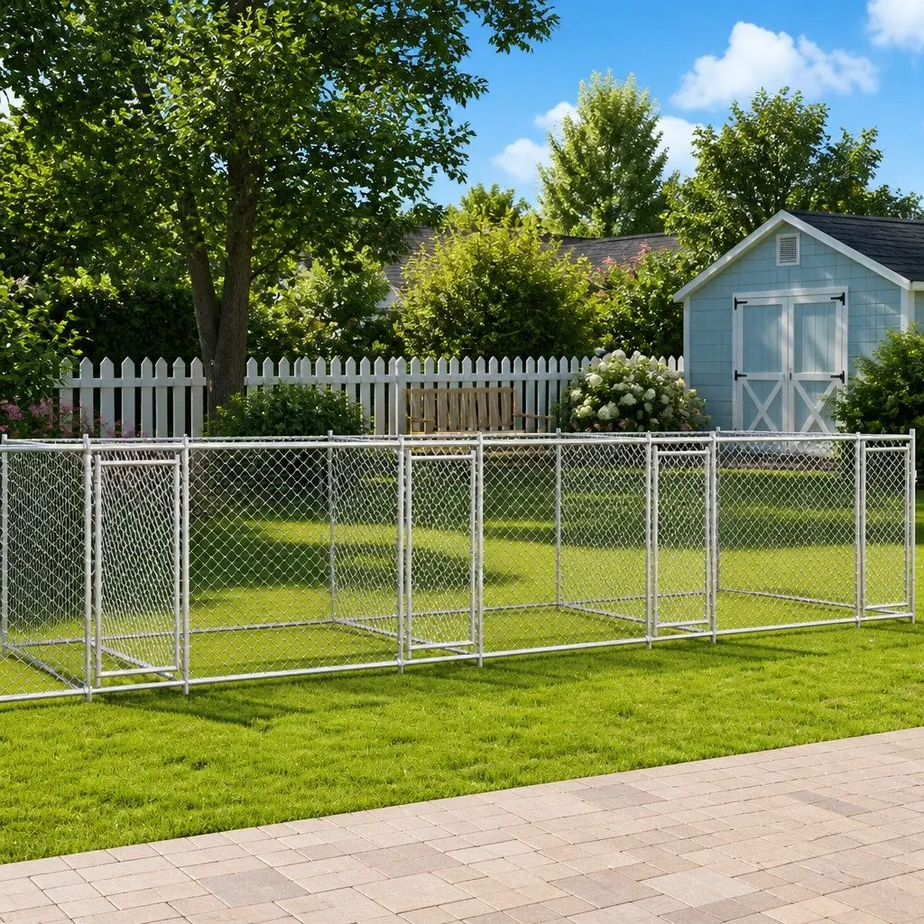 Dog Cage Outdoor Kennel Run Pen Grey Galvanised Steel Lockable Doors 12 x 2 x 1.5 m