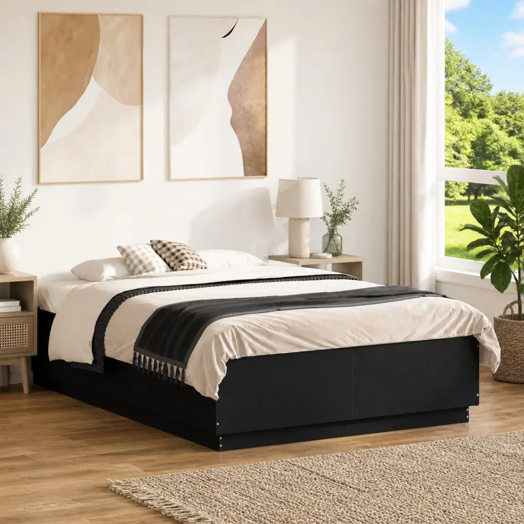 Bed Frame RGB LED Lights Slatted Base 135x190 cm Black