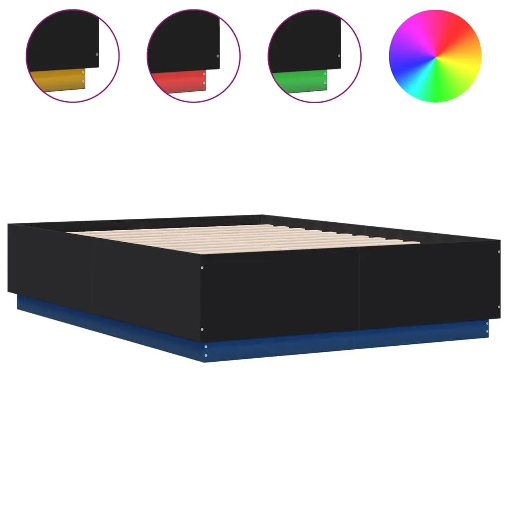 Bed Frame RGB LED Lights Slatted Base 135x190 cm Black