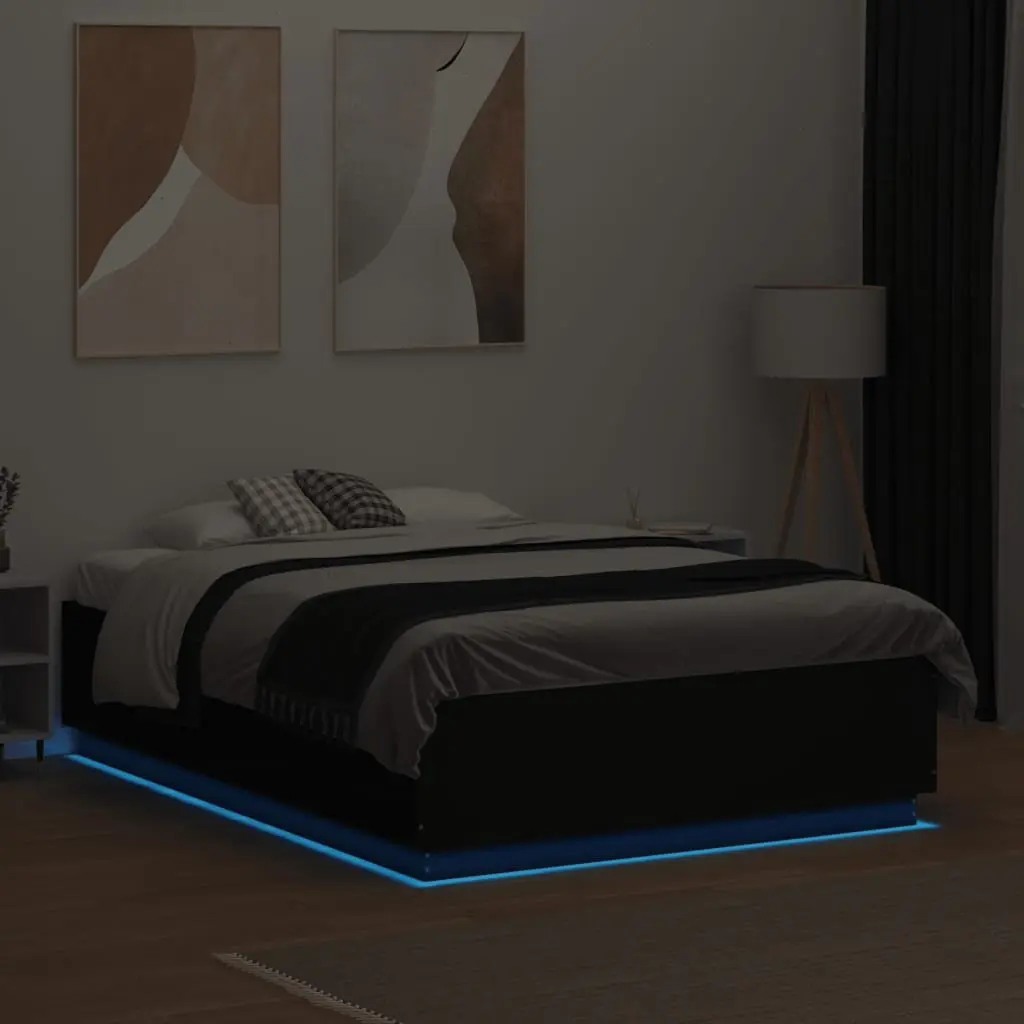 Bed Frame RGB LED Lights Slatted Base 135x190 cm Black
