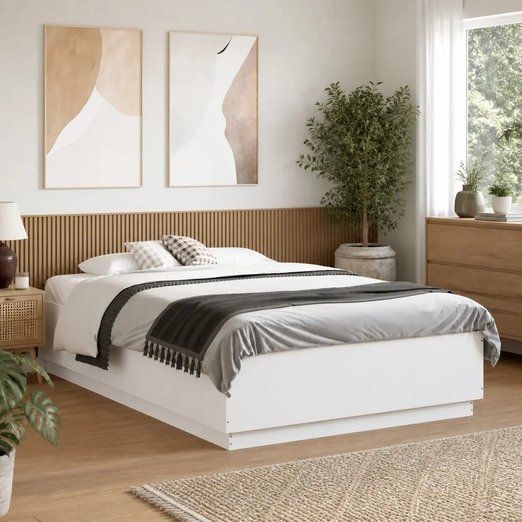Bed Frame White 135x190 cm Modern Design Engineered Wood Plywood Slats Bedroom