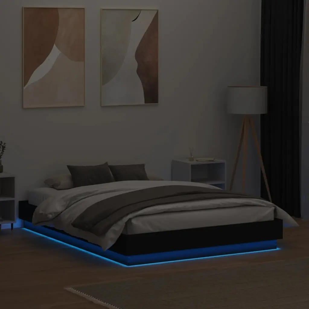 Bed Frame RGB LED Lights 135x190cm Black Platform Bedroom Furniture