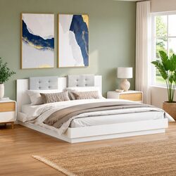 Comfortable King Bed Frame in White with Foam Headboard