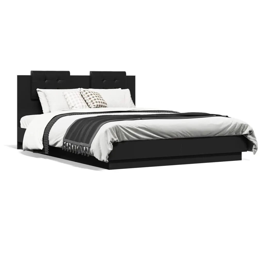Bed Frame with Headboard Black 150x200 cm Engineered Wood Plywood Slats