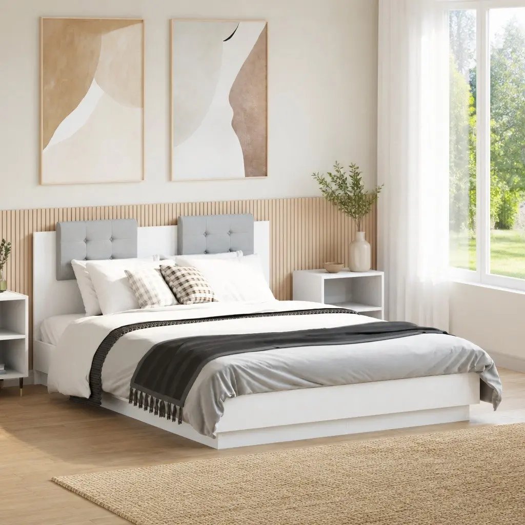 Bed Frame White with Headboard 135x190 cm Engineered Wood Slatted Base