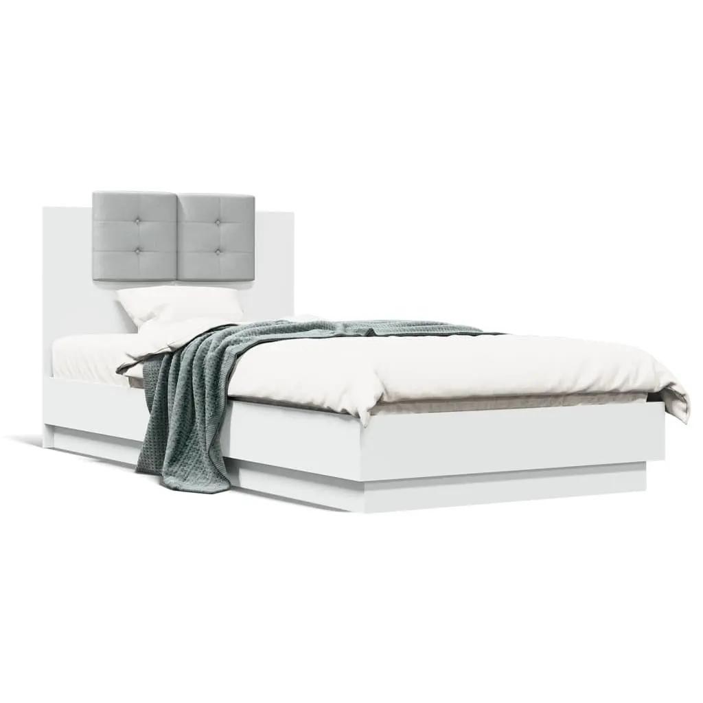 White Bed Frame 90x190 cm with Headboard Engineered Wood Slatted Base