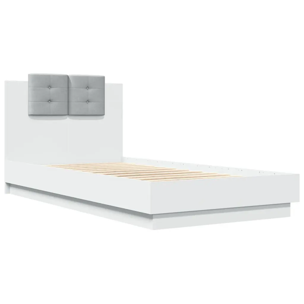 White Bed Frame 90x190 cm with Headboard Engineered Wood Slatted Base